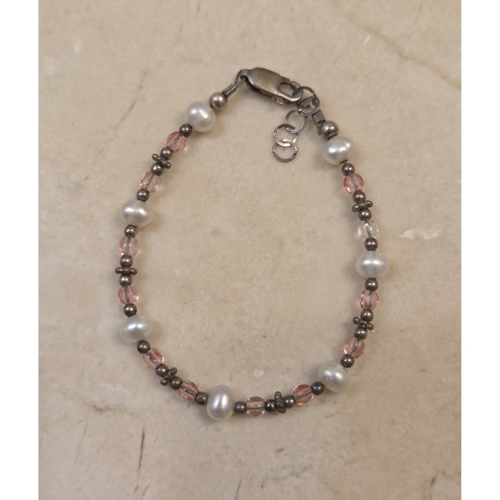 Vintage Sterling Silver Pearl & Pink Crystal Childrens /‎ Girl's Bracelet 5.5-6"